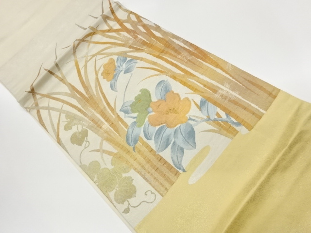 JAPANESE KIMONO / VINTAGE HIRAKI NAGOYA OBI / WOVEN FLORAL PLANTS